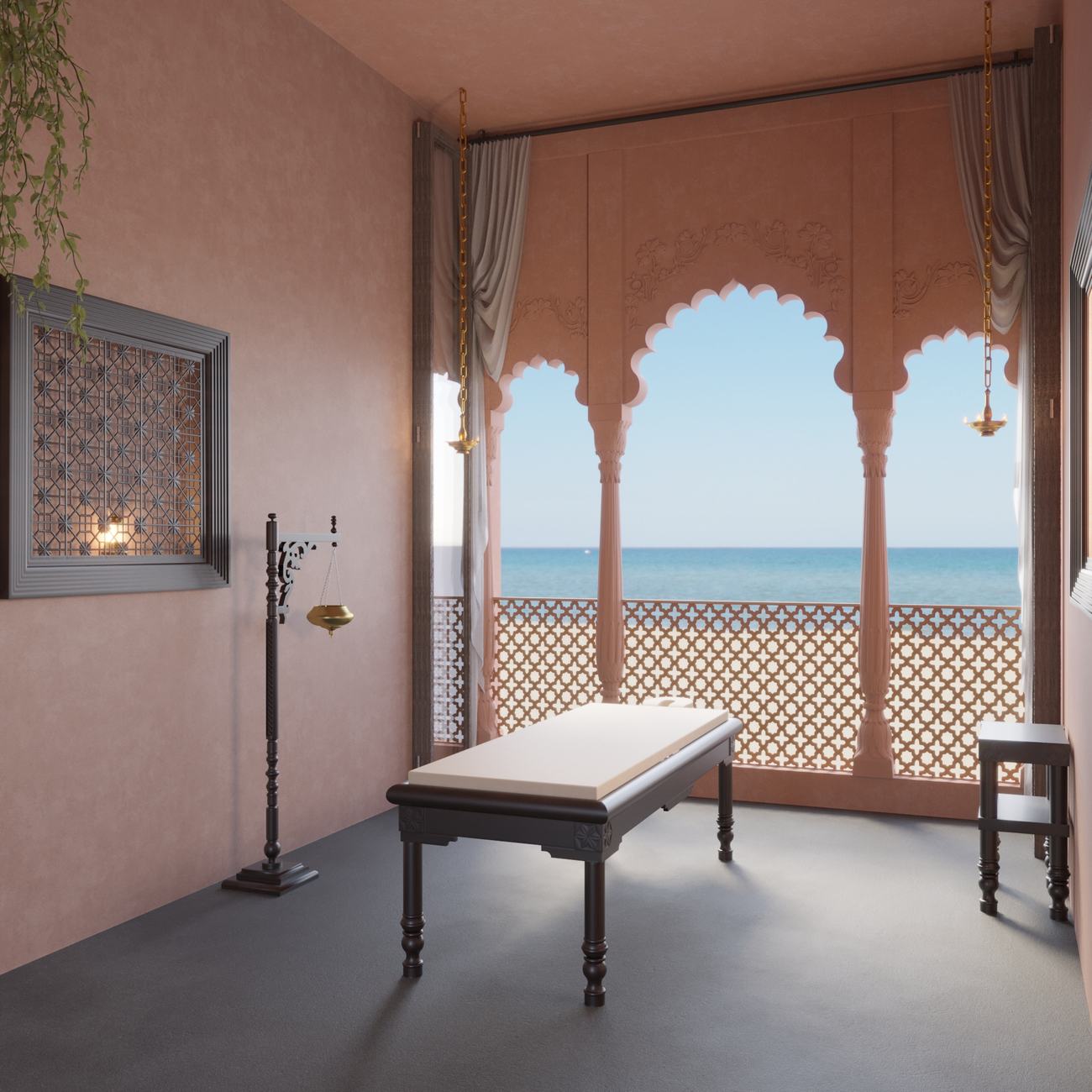 Ayurvedic treatment room open to the sea. Architectural rendering.