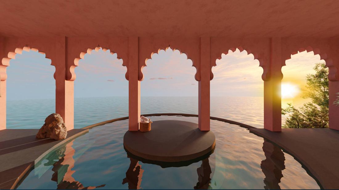 Relaxation Pavilion at sunset. Architectural rendering.