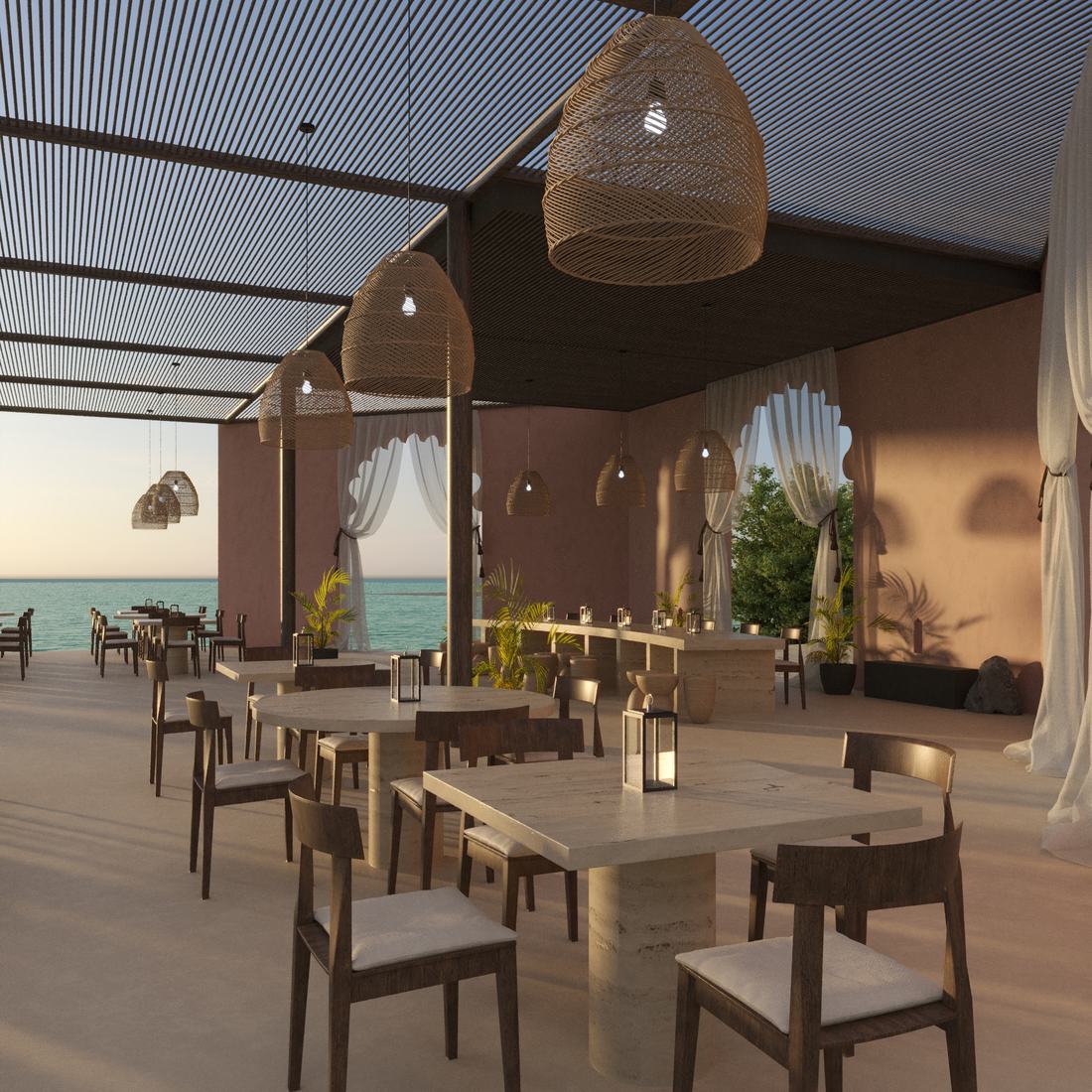 Sea Breeze Restaurant interior. Architectural rendering.