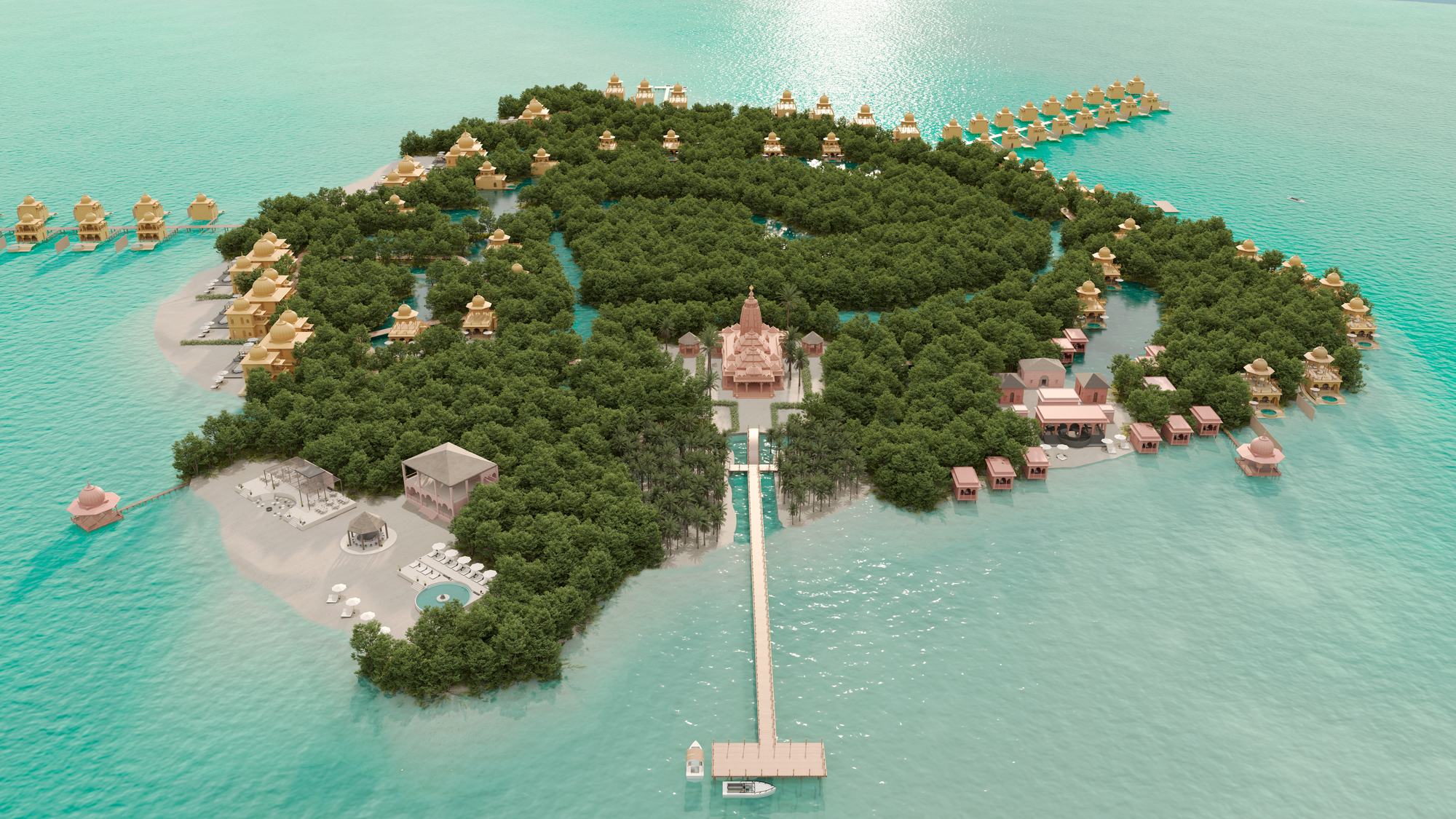 The private island seen from the air. Architectural rendering.