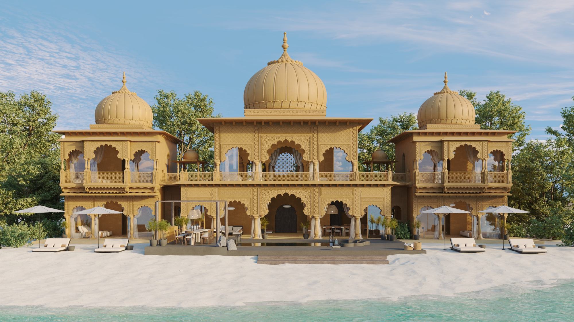 Bliss Sanctuary Mansion on its private beach. Architectural rendering.
