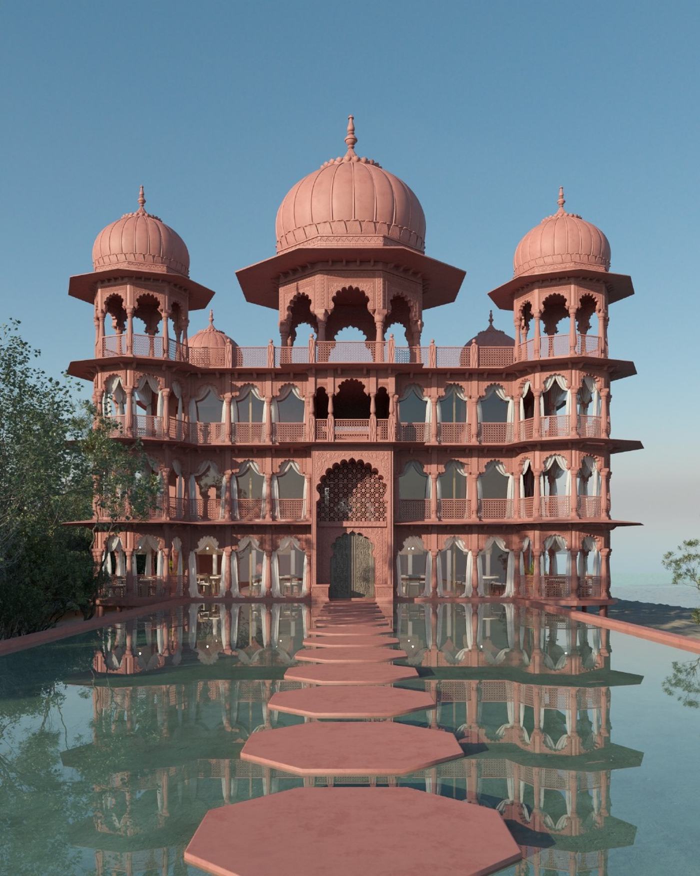 The Sunset Pavilion beside the water. Architectural rendering.