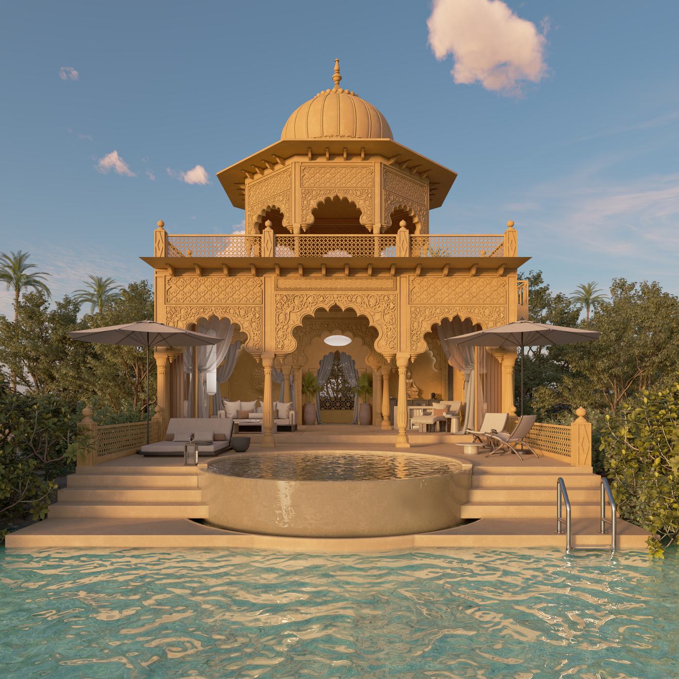 Private villa with rooftop pavilion and pool. Architectural rendering.
