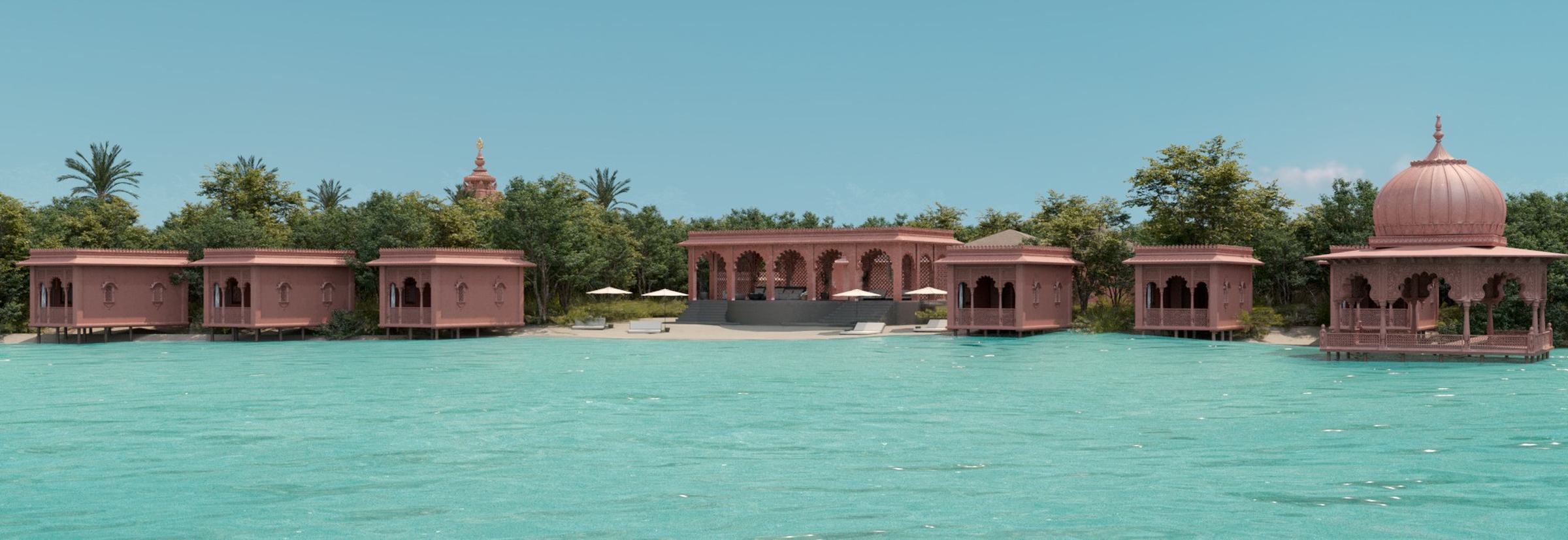 The spa and its over-water treatment pavilions, seen from the water. Architectural rendering.