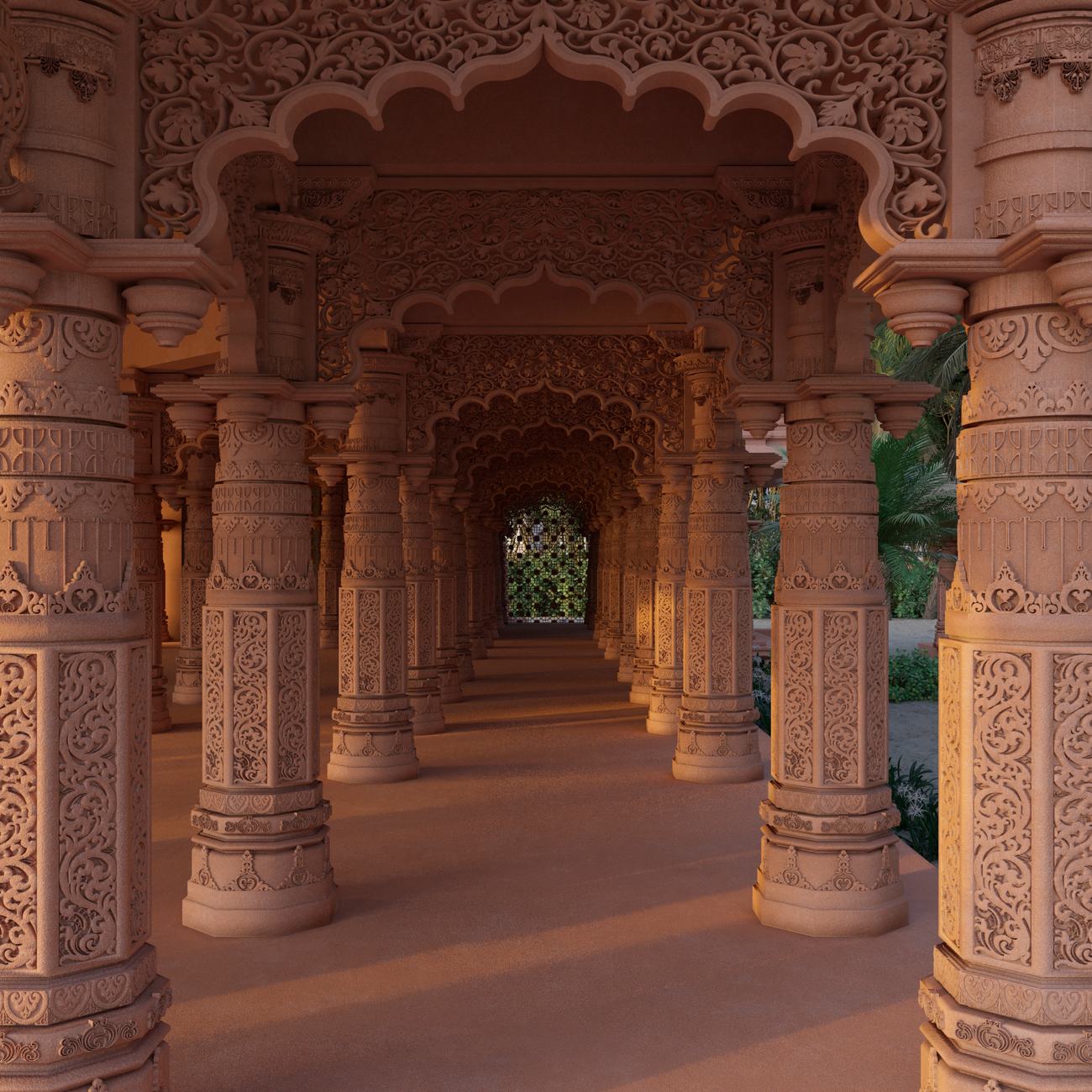 Hand-carved stone colonnade inside the temple. Architectural rendering.