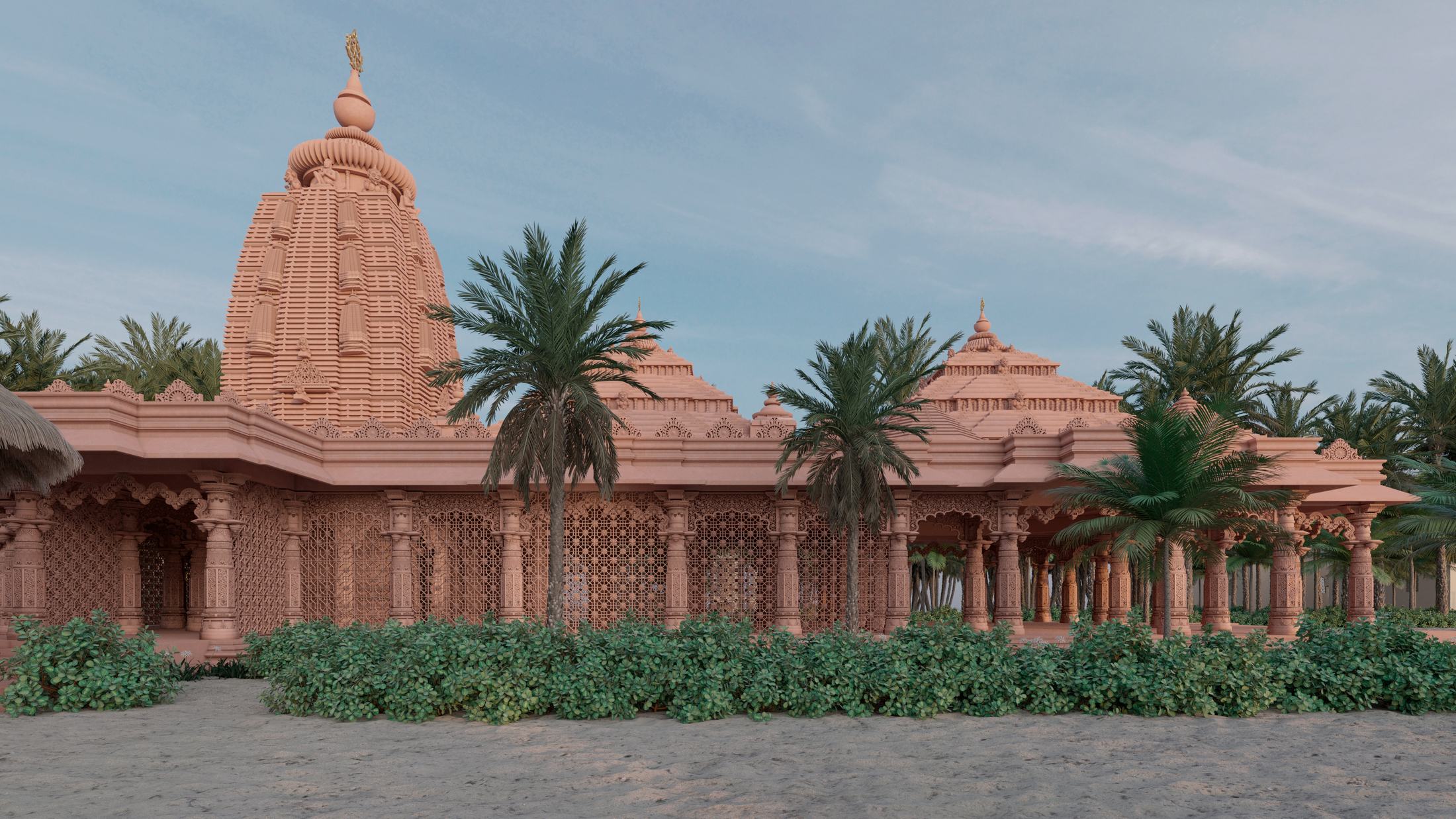 The temple seen from the beach, with its carved tower and palms. Architectural rendering.